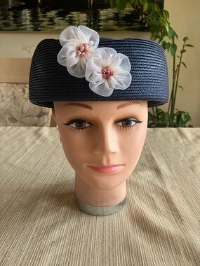 Navy Straw Pillbox Hat with Pink Floral Accents